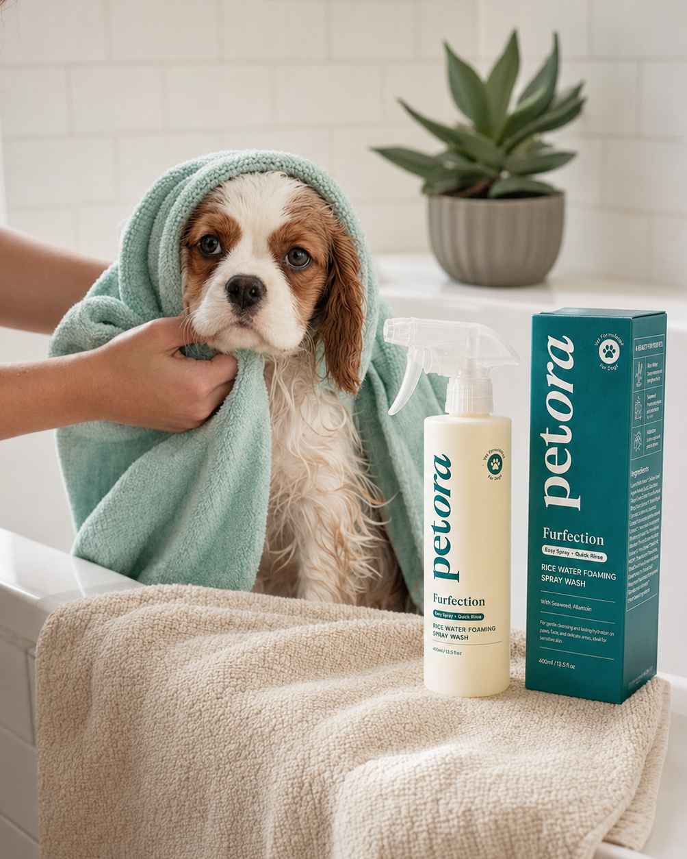 A wet dog with a mint green towel wrapped around its body sits in a white bathtub while a person gently dries it. A beige towel, a bottle of Petora Perfection Dry Water Cleansing Pouch, and a teal box of Petora Perfection are placed on the tub edge.