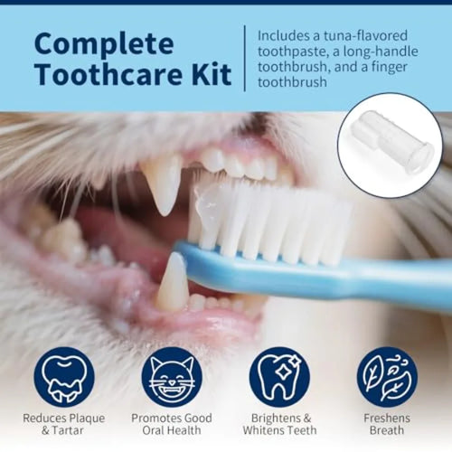 Curated Picks Cat Dental Care Kit Tuna Flavor Toothpaste.06 oz with Toothbrush and Finger Brush Gentle Formula, Fresh Breath an