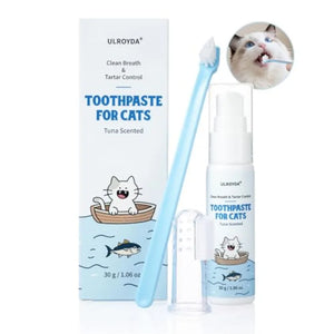 Curated Picks Cat Dental Care Kit Tuna Flavor Toothpaste.06 oz with Toothbrush and Finger Brush Gentle Formula, Fresh Breath an