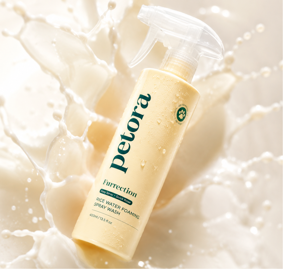 A bottle of Petora Furrection rice water foaming spray wash, featuring a pale yellow body and a clear spray nozzle, set against a dynamic background of white liquid splash.